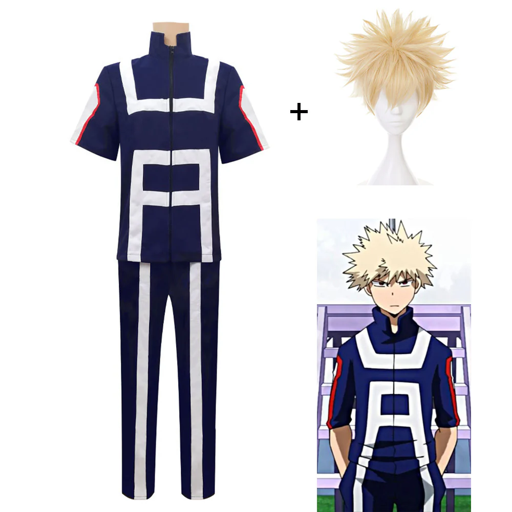 Anime My Hero Academia Costume Bakugou Katsuki Training/Gym Cosplay Outfit with Wig