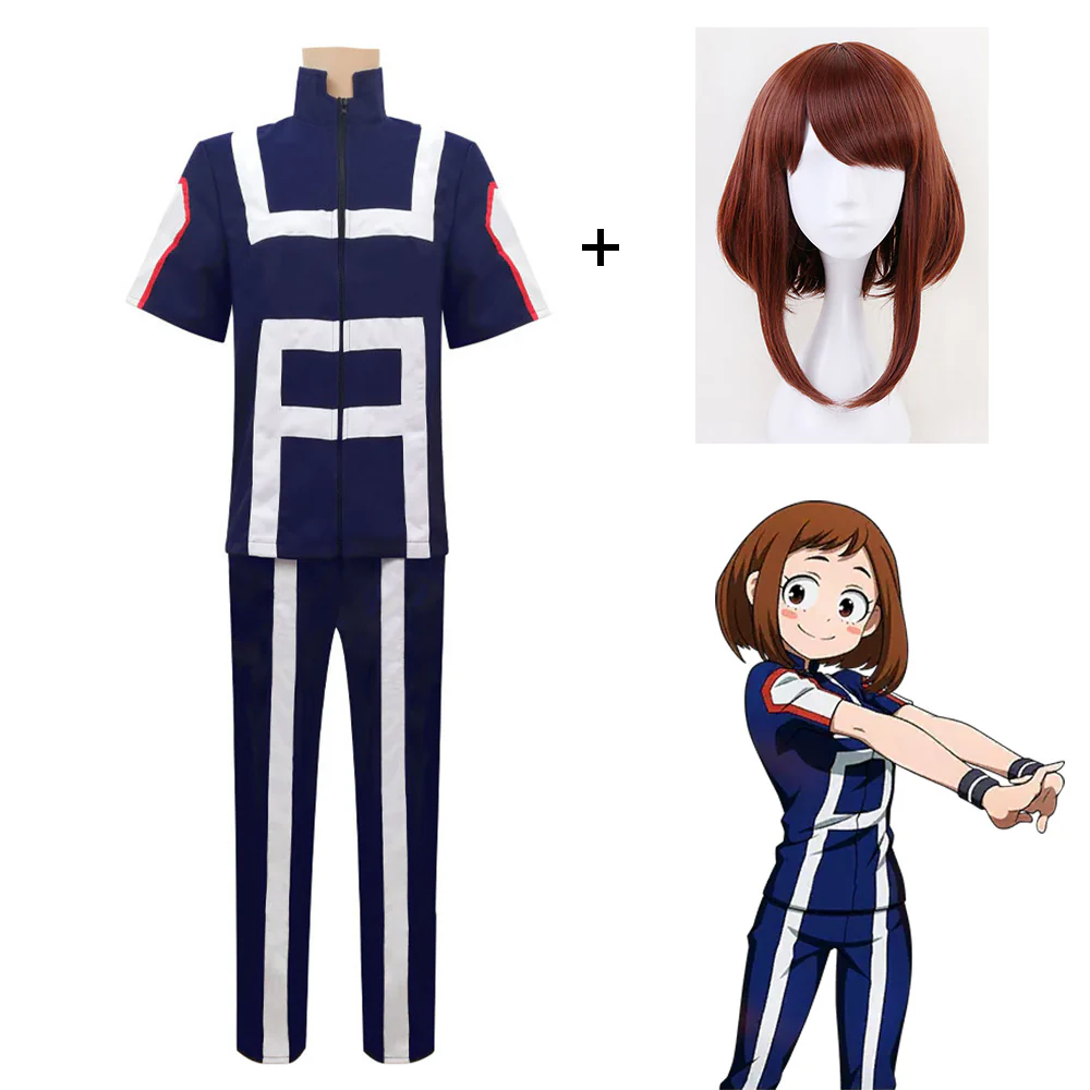Anime My Hero Academia Costume Uraraka Ochaco Training/Gym Cosplay Outfit with Wig