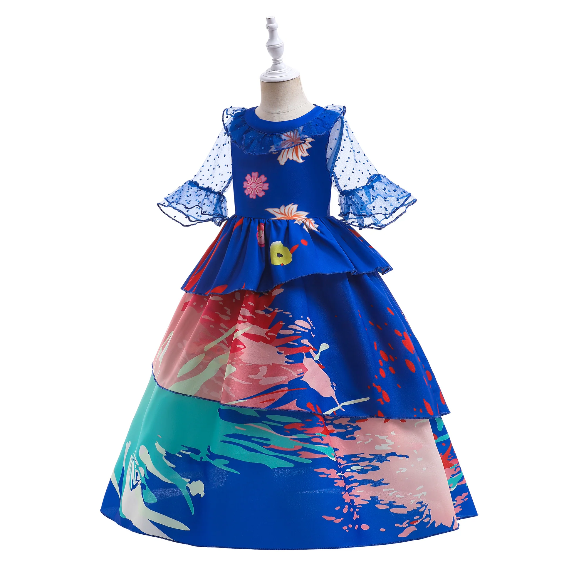 Girls Encanto Costume Isabella Cosplay Translucent Short Sleeves Blue Dress - Image 3