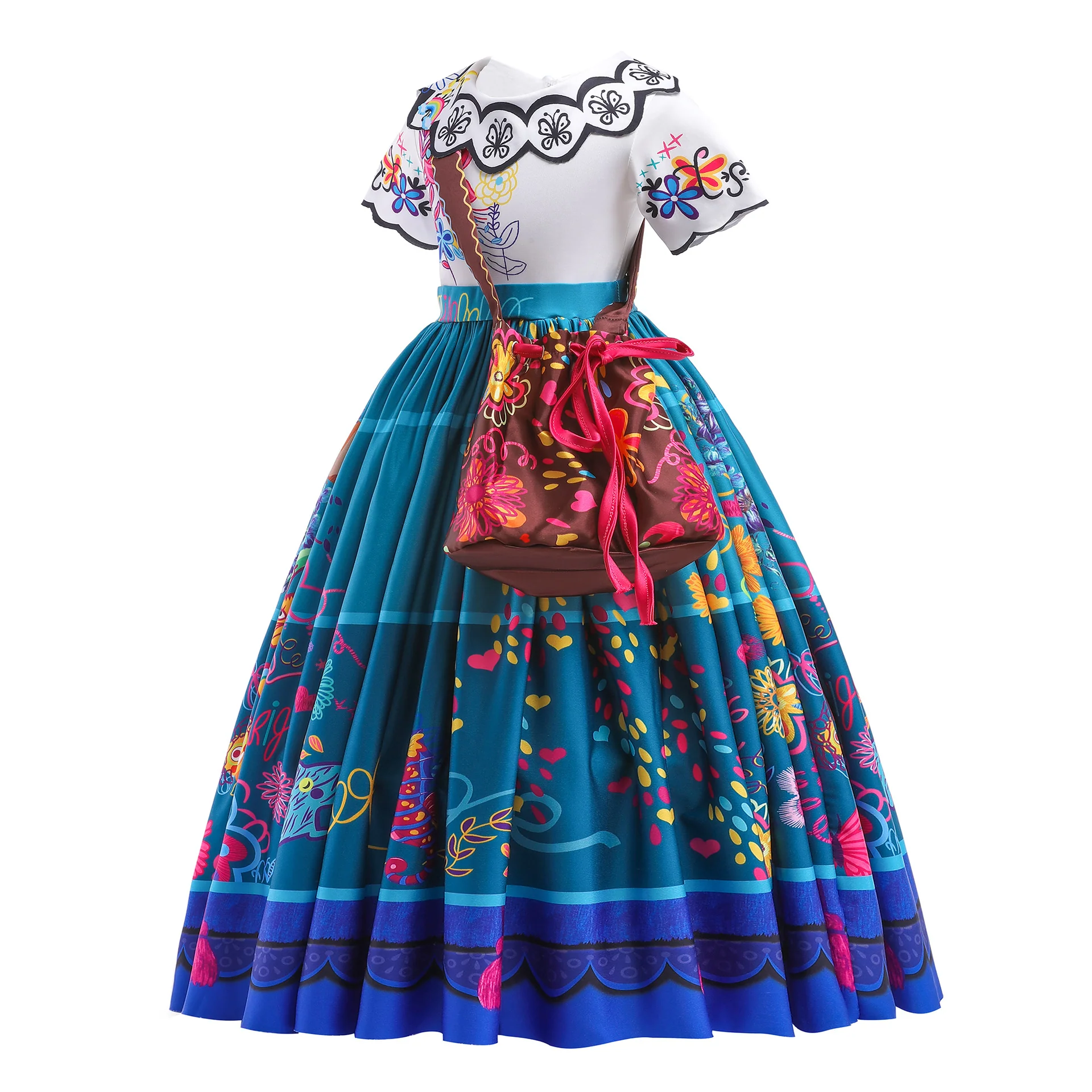 Girls Encanto Costume Mirabel Cosplay Short Sleeves Floral Dress with Bag for Kids - Image 3