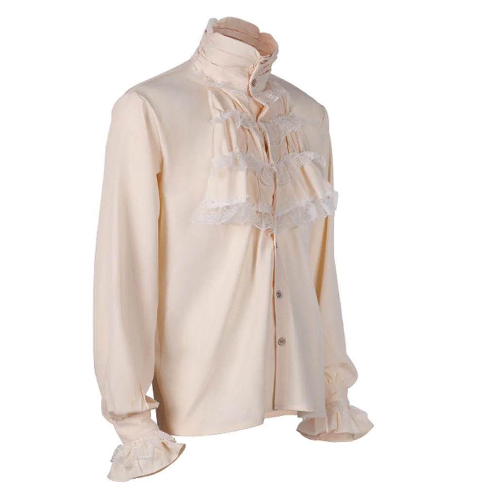 Halloween Costume Middle Age Gothic Vintage Shirt Ruffles Pleated Stand Collar Shirt for Men - Image 3