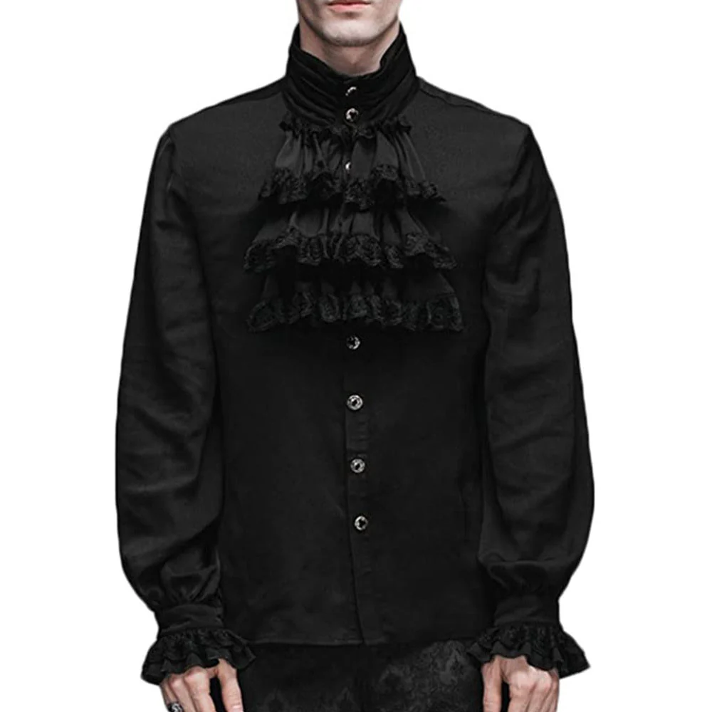 Halloween Costume Middle Age Gothic Vintage Shirt Ruffles Pleated Stand Collar Shirt for Men - Image 5