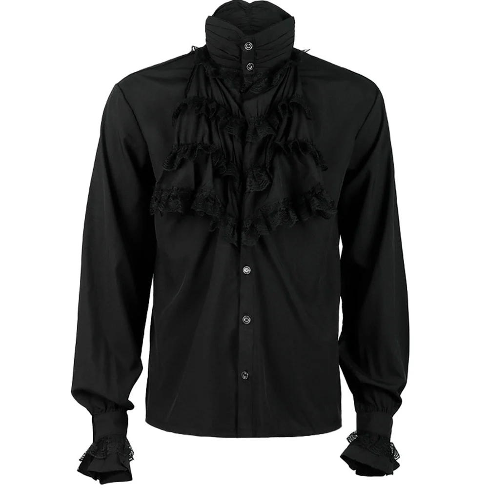 Halloween Costume Middle Age Gothic Vintage Shirt Ruffles Pleated Stand Collar Shirt for Men - Image 6