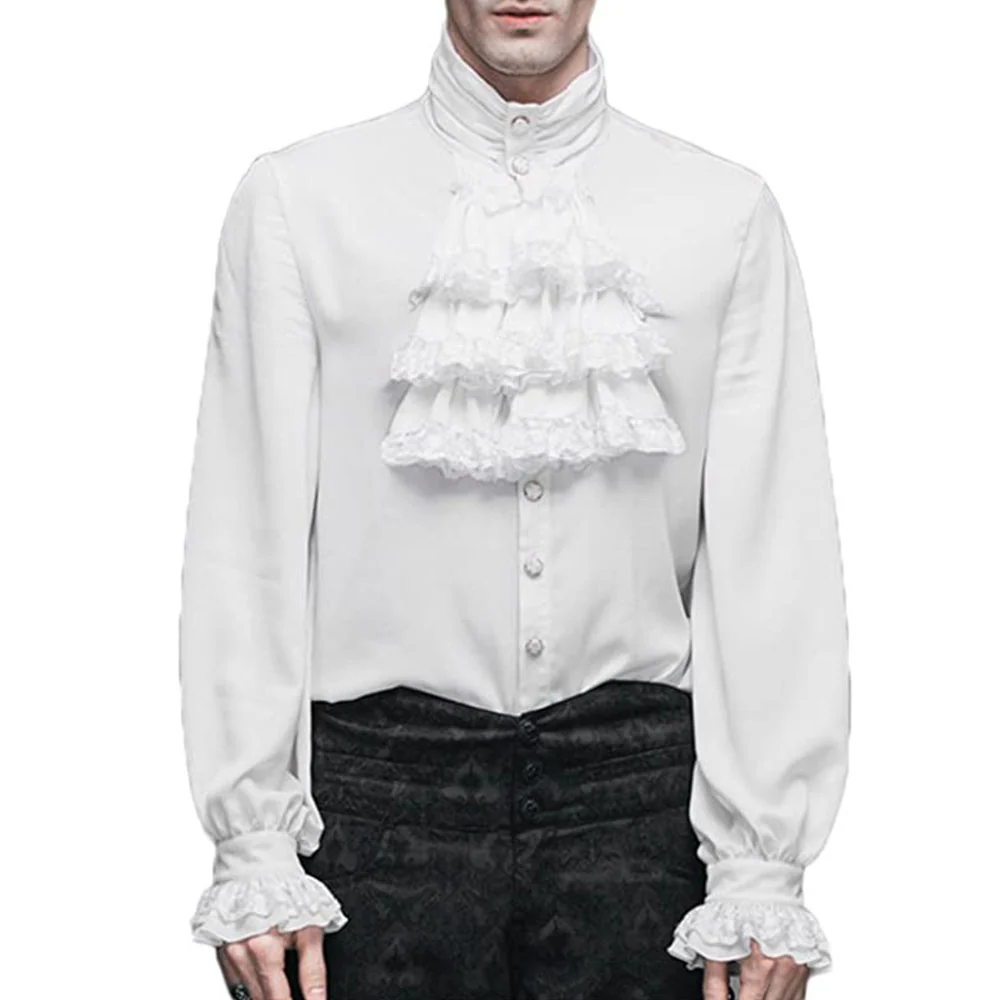 Halloween Costume Middle Age Gothic Vintage Shirt Ruffles Pleated Stand Collar Shirt for Men - Image 8