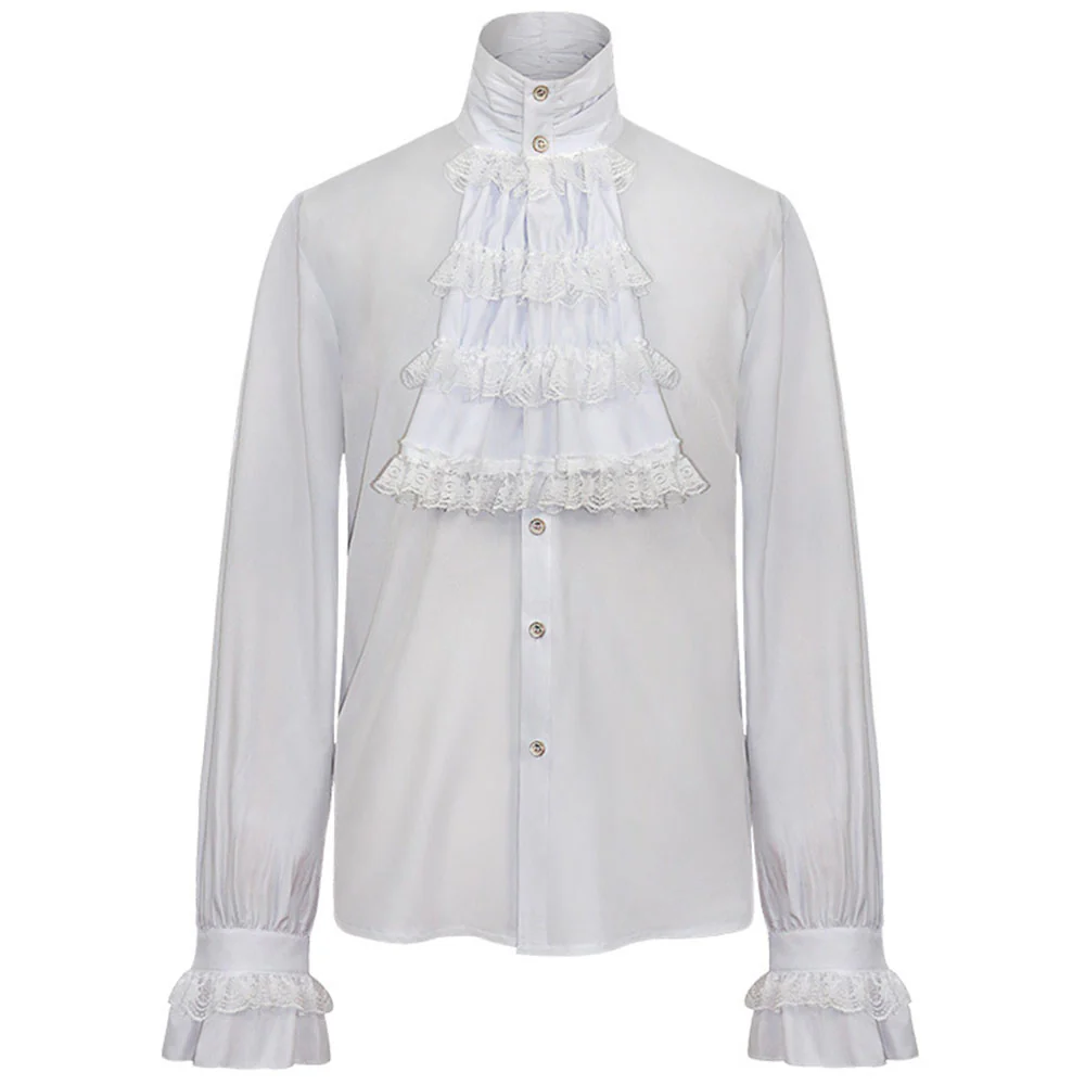 Halloween Costume Middle Age Gothic Vintage Shirt Ruffles Pleated Stand Collar Shirt for Men - Image 9