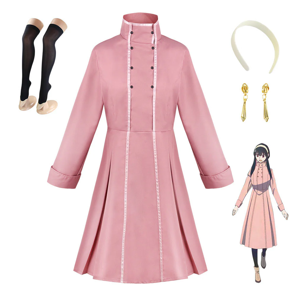 Spy x Family Costume Yor Briar Yor Forger Cosplay Pink Dress with Accessories for Women and Kids