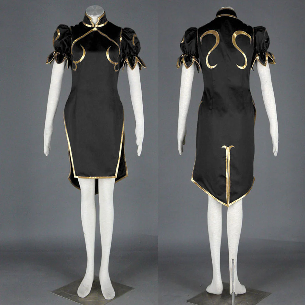 Street Fighter Costume Chun Li Cosplay Black Dress with Accessories for Women and Kids - Image 4