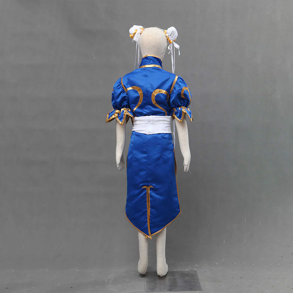 Street Fighter Costume Chun Li Cosplay Blue Dress with Accessories for Women and Kids - Image 4