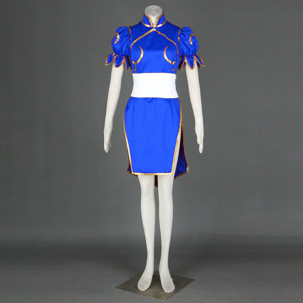 Street Fighter Costume Chun Li Cosplay Blue Dress with Accessories for Women and Kids - Image 5