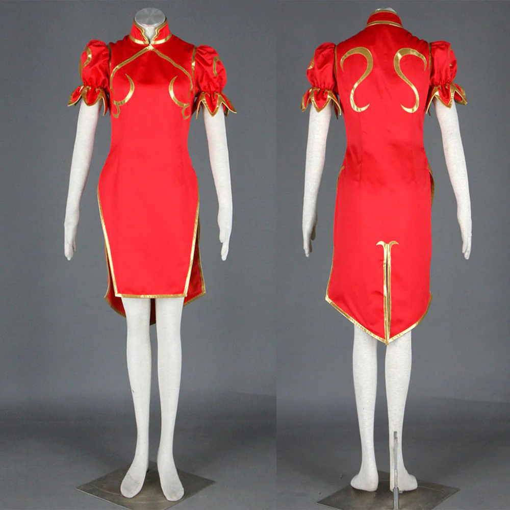 Street Fighter Costume Chun Li Cosplay Red Dress with Accessories for Women and Kids - Image 5